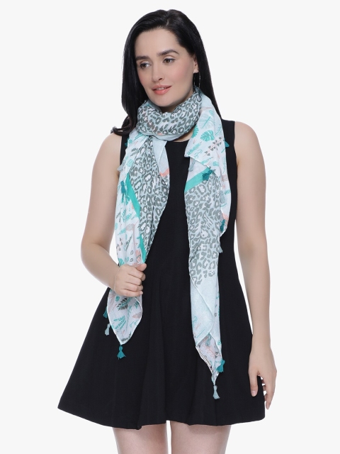

Scarves & Glitters Women Green & White Animal Print Scarf with Tasselled Pallu