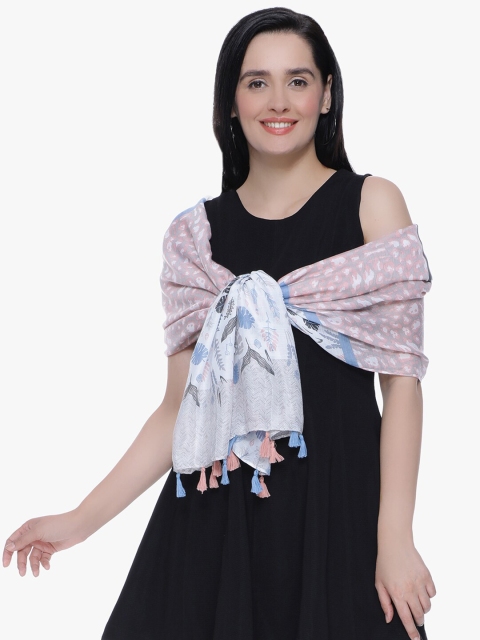 

Scarves & Glitters Women Peach-Coloured & Blue Printed Scarf with Tasselled Pallu
