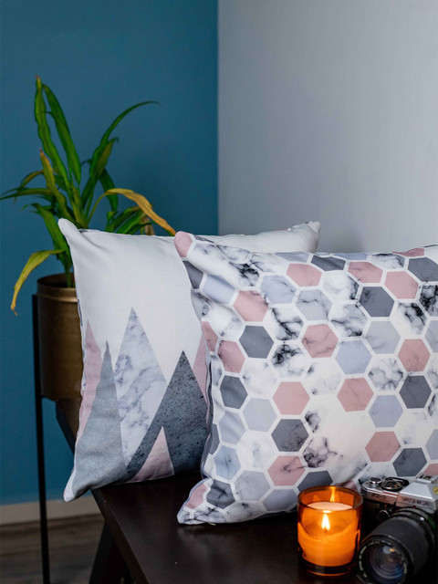 

SHIVANAA HOMES Pink & White Set of 2 Geometric Square Cushion Covers