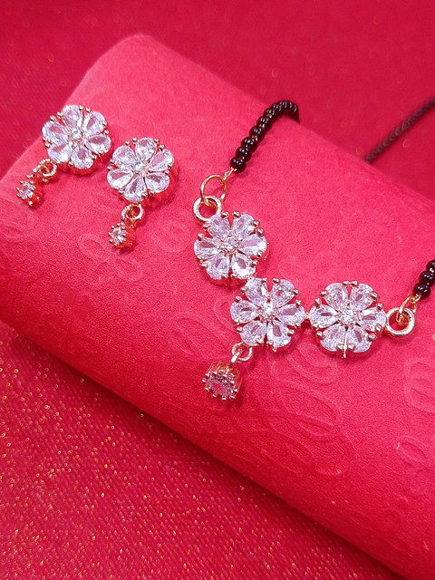 

OOMPH Black & Rose Gold-Tone Floral American Diamond Mangalsutra Set with Drop Earrings