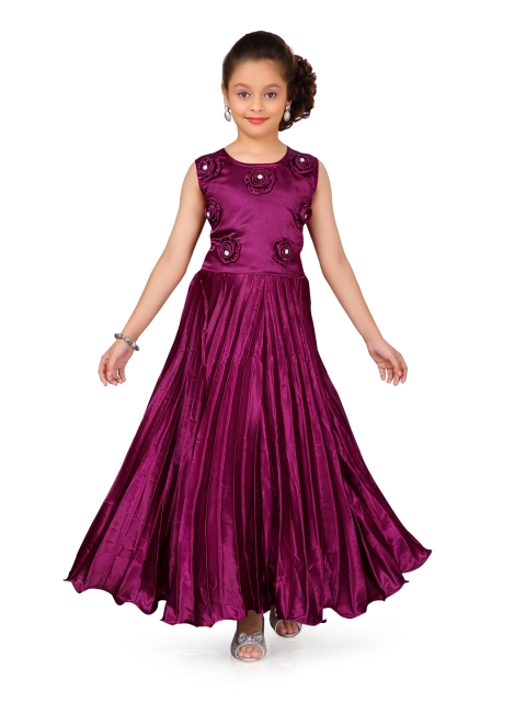 

Aarika Girls Purple Appliqued Satin Finish Accordian Pleated Gown