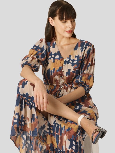

Vero Moda Navy Blue & Brown Printed Flounce Hem Maxi Dress with Waist Tie-Ups