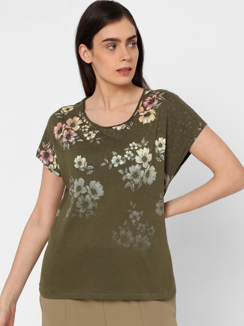 

Vero Moda Women Olive Green & Grey Floral Printed T-shirt