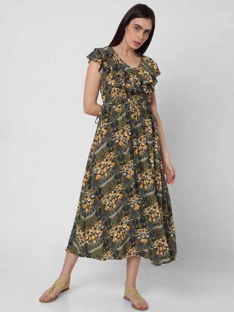 

Vero Moda Olive Green & Mustard Yellow Printed Waist Tie-Ups A-Line Midi Dress