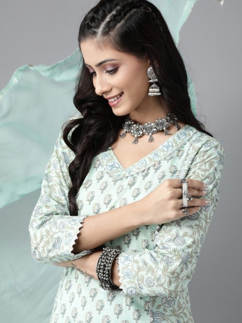 

Indo Era Women Sea Green Ethnic Motifs Print Gotta Patti Kurta with Trousers & Dupatta