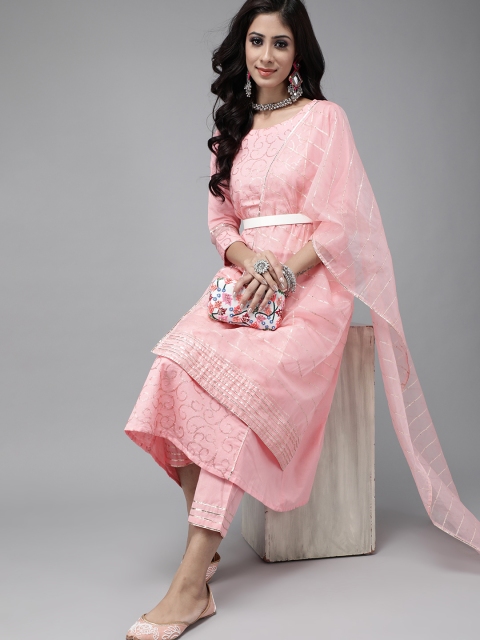 

Indo Era Women Pink Embellished Sequinned Pure Cotton Kurta with Palazzos & Dupatta