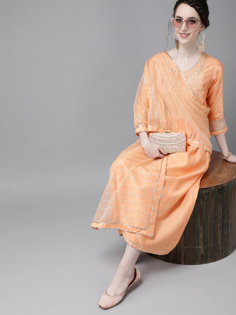 

Indo Era Women Peach Ethnic Motifs Yoke Design Pure Cotton Kurta with Trousers & Dupatta