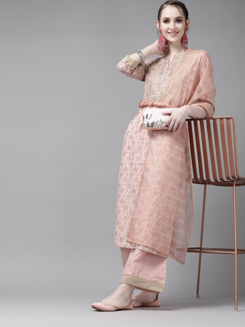 

Indo Era Women Pink Pure Cotton Printed Thread Work Kurta with Trousers & Dupatta
