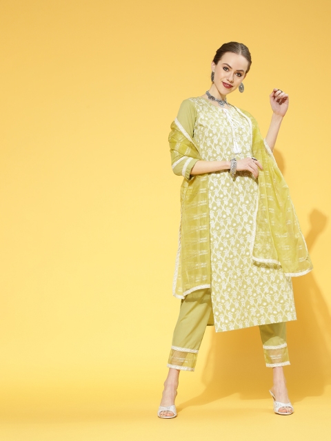 

Indo Era Women Lime Green Ethnic Motifs Embroidered Sequinned Pure Cotton Kurta Set