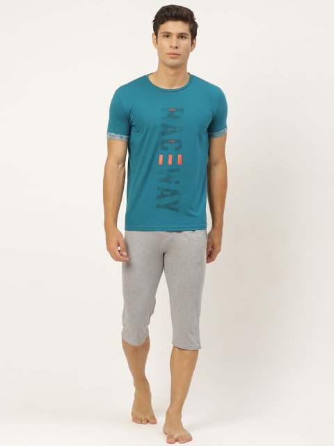 

Sweet Dreams Men Teal Green & Grey Melange Printed Night suit