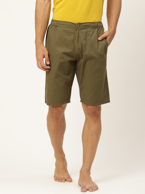 

Sweet Dreams Men Olive Green & White Printed Lounge Shorts