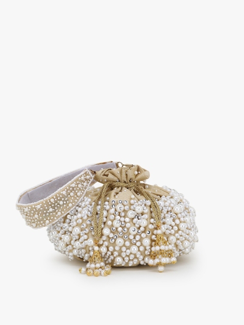 

Anekaant Nude-Coloured & White Embellished Tasselled Clutch