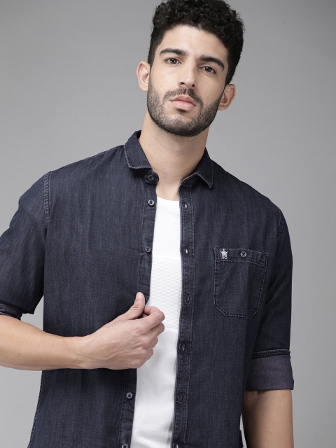 

French Connection Men Navy Blue Slim Fit Faded Pure Cotton LODHA DENIM Casual Shirt