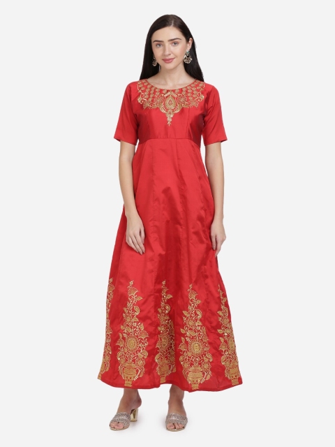 

SAADHVI Red & Gold-Toned Raw Silk Semi-Stitched Dress Material