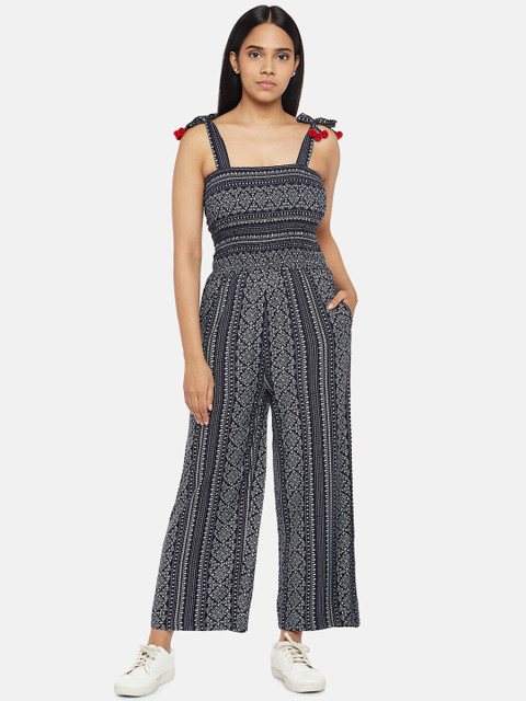 

People Women Navy Blue & White Printed Basic Jumpsuit
