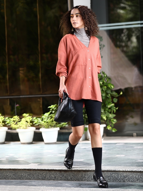 

MANGO Peach-Coloured Shirt Style Longline Top