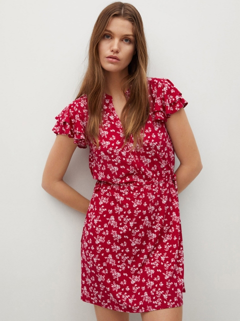 

MANGO Red & White Floral A-Line Dress