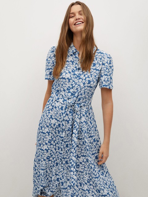 

MANGO Women Blue & White Floral Shirt Midi Dress