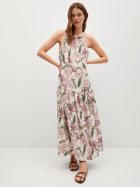 

MANGO Off White & Green Floral Print Maxi Dress
