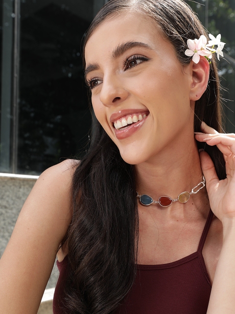 

MANGO Silver-Toned & Blue Stone-Studded Necklace