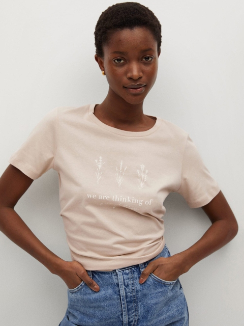 

MANGO Women Beige Typography Organic Cotton Printed T-shirt