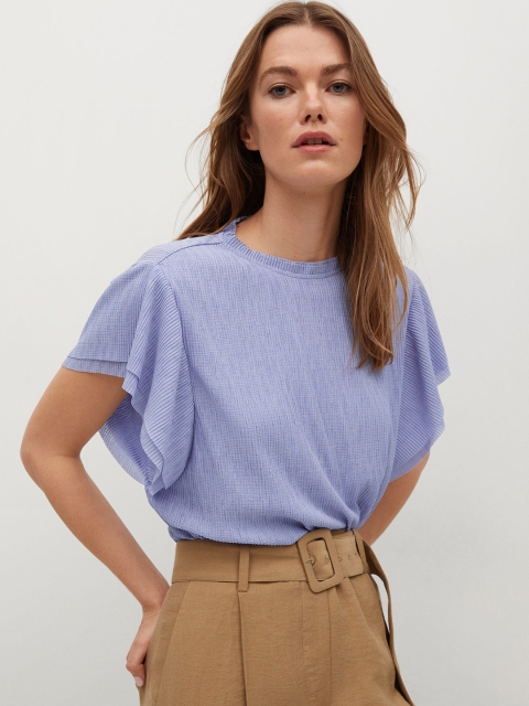

MANGO Blue Ribbed Flared Sleeves Top