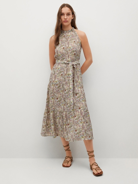 

MANGO Beige & Maroon Ethnic Printed Halter Neck A-Line Midi Dress with Belt