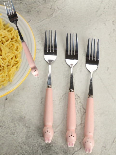 

YOYOSO Pink & Silver-Toned Set of 4 Steel Fork with Ceramic Handle