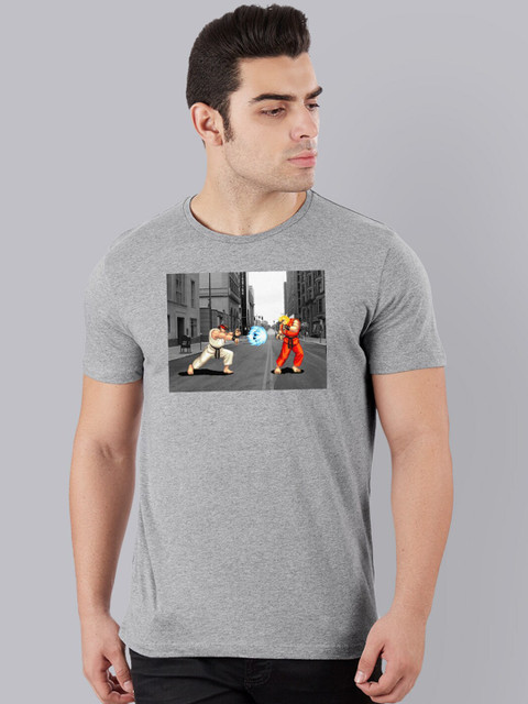 

Free Authority Men Grey Melange Street Fighter Printed Round Neck T-shirt