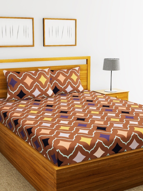

BIANCA Brown & White Geometric 152 TC Polyester 1 King Bedsheet with 2 Pillow Covers