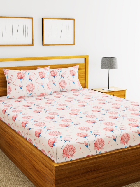 

BIANCA White & Pink Floral 152 TC Polyester 1 King Bedsheet with 2 Pillow Covers