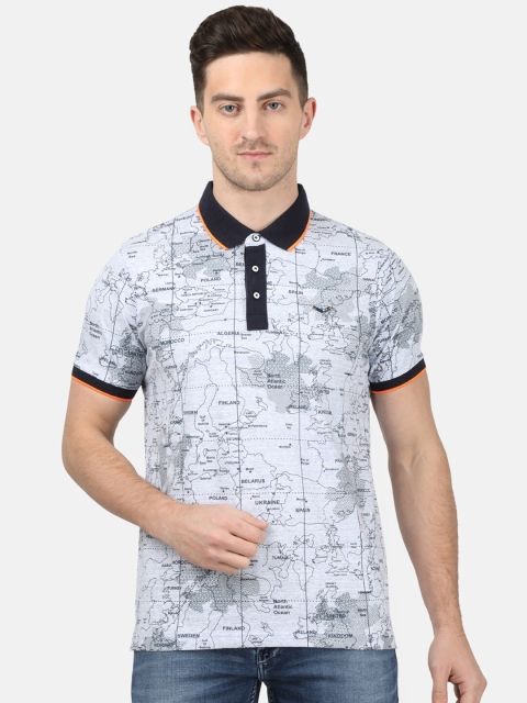 

Monte Carlo Men Blue & Grey Slim Fit Map Print Polo Collar T-shirt