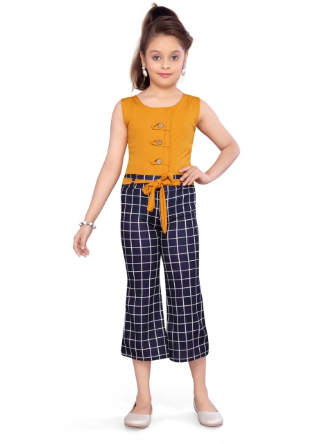 

Aarika Girls Yellow & Navy Blue Checked Culotte Jumpsuit