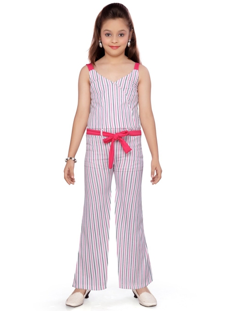 

Aarika Girls White & Pink Striped Basic Jumpsuit