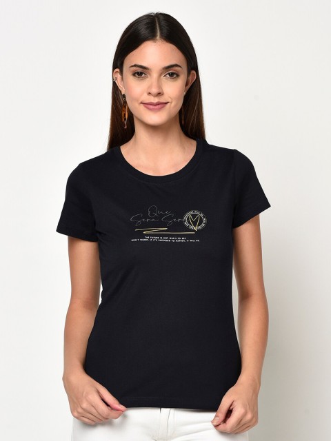 

METTLE Women Navy Blue Printed Detail Round Neck T-shirt