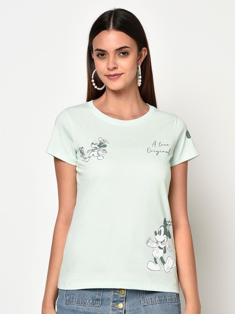 

METTLE Women Green Mickey Mouse Print Round Neck T-shirt
