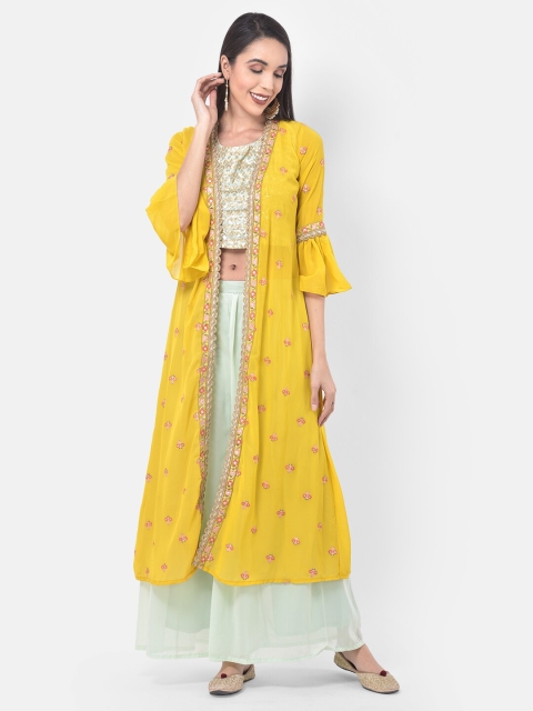 

Neerus Women Green & Yellow Embellished Top with Palazzos & Jacket