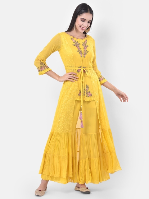 

Neerus Women Yellow Solid Top with Palazzos & Jacket