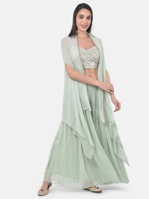 

Neerus Women Green & Silver-Toned Embellished Top & Palazzos with jacket