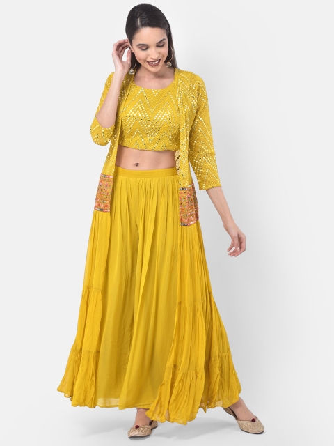 

Neerus Women Yellow Embellished Top & Skirt with Jacket