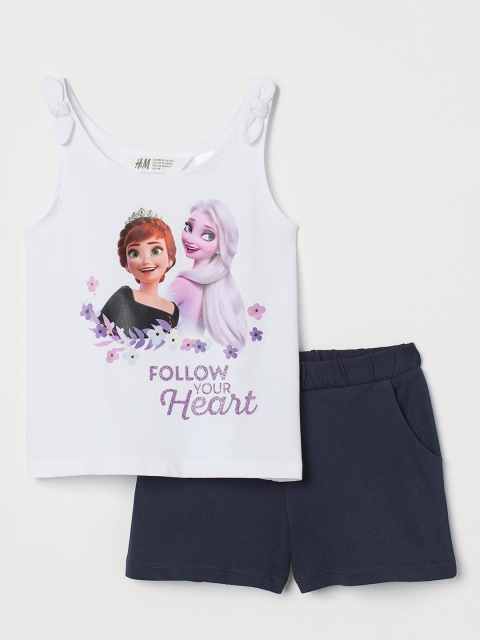 

H&M Girls 2-Piece White & Blue Elsa & Anna Printed Cotton Jersey Set