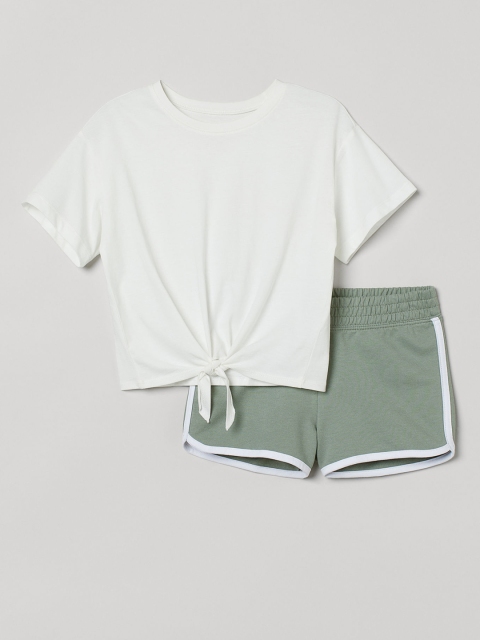

H&M Girls White & Green Solid 2-Piece Cotton Set