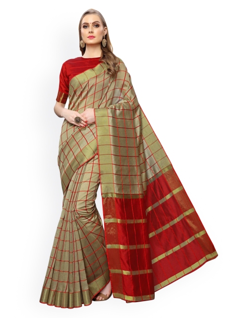 

KALINI Beige & Red Silk Cotton Checked Chanderi Saree