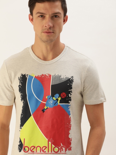 

United Colors of Benetton Men Grey Melange Printed T-shirt