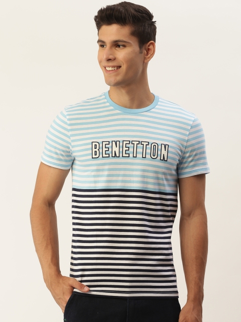 

United Colors of Benetton Men Navy Blue White Striped Pure Cotton T-shirt