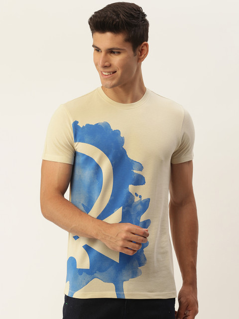 

United Colors of Benetton Men Beige Blue Brand Logo Printed Pure Cotton T-shirt