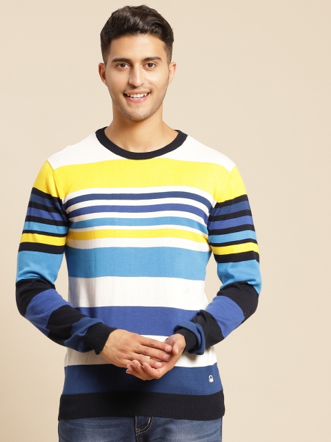 

United Colors of Benetton Men Blue & Off White Pure Cotton Striped Pullover