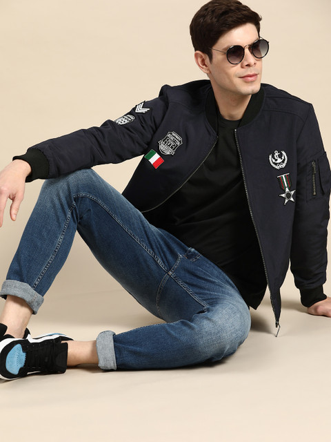 

United Colors of Benetton Men Navy Blue with Badge Patchwork Bomber Jacket