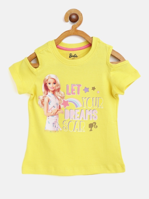 

Barbie Girls Yellow & Pink Typography Print Cold-Shoulder Sleeves Regular Top