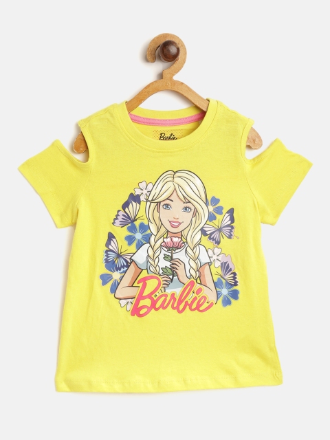 

Barbie Yellow & Blue Pure Cotton Printed Round Neck Cold Shoulder Sleeves Top